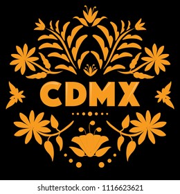 CDMX (Abreviation in Spanish for Mexico City) Colorful Mexican Traditional Textile Embroidery Style – Copy Space Floral Composition 