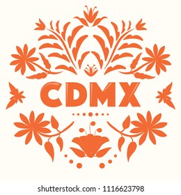 CDMX (Abreviation in Spanish for Mexico City) Colorful Mexican Traditional Textile Embroidery Style – Copy Space Floral Composition 