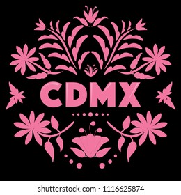 CDMX (Abreviation in Spanish for Mexico City) Colorful Mexican Traditional Textile Embroidery Style – Copy Space Floral Composition 