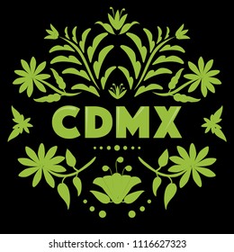 CDMX (Abreviation in Spanish for Mexico City) Colorful Mexican Traditional Textile Embroidery Style – Copy Space Floral Composition 