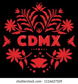 CDMX (Abreviation in Spanish for Mexico City) Colorful Mexican Traditional Textile Embroidery Style – Copy Space Floral Composition 