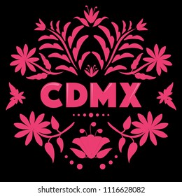 CDMX (Abreviation in Spanish for Mexico City) Colorful Mexican Traditional Textile Embroidery Style – Copy Space Floral Composition 