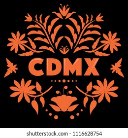 CDMX (Abreviation in Spanish for Mexico City) Colorful Mexican Traditional Textile Embroidery Style – Copy Space Floral Composition 