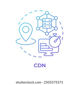 CDN blue gradient concept icon. Content delivery network. Dedicated servers, technology infrastructure. Round shape line illustration. Abstract idea. Graphic design. Easy to use in infographic