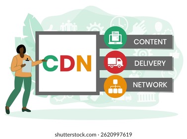 CDN - Content Delivery Network acrónimo, concepto de negocio. ilustración de diseño de tipografía de letras de palabras con iconos de línea	