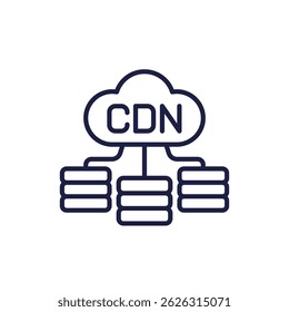 CDN, ícone de rede de entrega de conteúdo com uma nuvem, vetor de linha