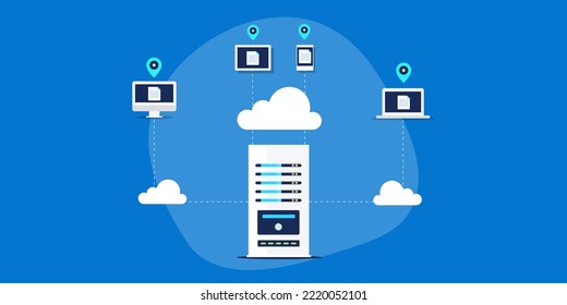 CDN - red de entrega de contenido, servidor distribuyendo contenido en diferentes ubicaciones y dispositivos - fondo vectorial de diseño plano