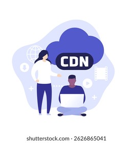 CDN, Content delivery network vector illustration with people