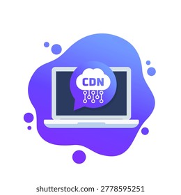 CDN, Content delivery network vector icon with cloud and laptop