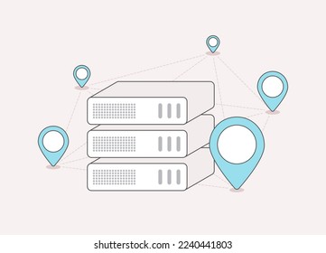 CDN - content distribution network concept. VPN with decentralized placement of cdn data centers in different places. DDoS Protection. Content delivery network proxy servers flat outline illustration