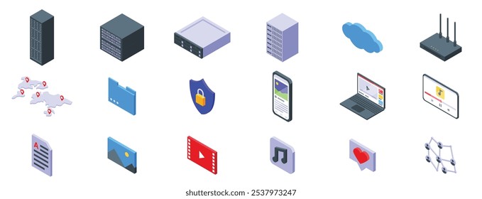 Conjunto de iconos de CDN. Iconos isométricos que representan almacenamiento de datos, computación en la nube, conectividad de red y contenido multimedia