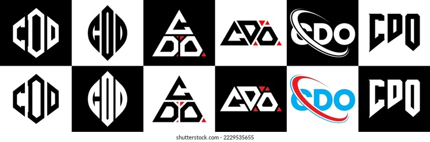 CDO Brief Logo Design in sechs Stilrichtungen. CDO Polygon, Kreis, Dreieck, Hexagon, flacher und einfacher Stil mit schwarz-weißem Farbänderungslogo in einer Zeichenfläche. CDO-minimalistisches und klassisches Logo