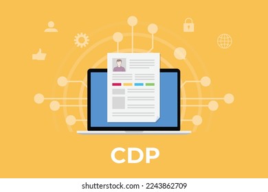 concepto de plataforma de datos de cliente cdp con perfil de datos de cliente y portátil con algún icono relacionado con un estilo plano moderno