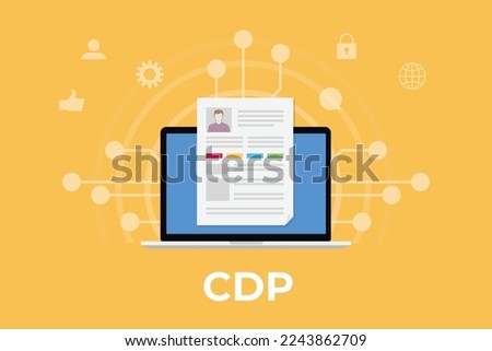 cdp customer data platform concept with laptop and customer data profile with some related icon with modern flat style
