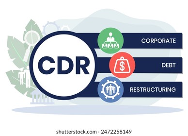 CDR CORPORATE SOUND DEBT RESTRUCTURING Acronym. Konzept mit Schlagwort und Icons. Flache Vektorillustration. Isoliert auf weiß.