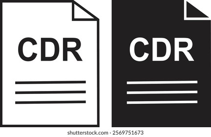 CDR file icon set. CDR file type symbol. File CDR format icon in black filled and outlined style isolated on transparent background. Ideal for technology or data related content, vector illustration.