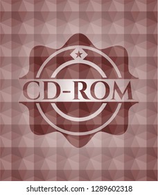 CD-ROM red seamless emblem or badge with abstract geometric polygonal pattern background.