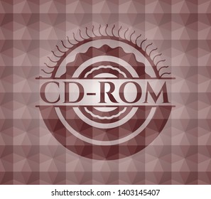 CD-ROM red seamless emblem or badge with abstract geometric pattern background.
