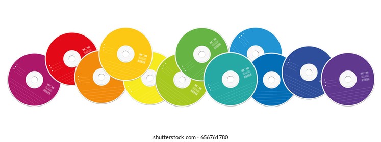 CDs - colored compact disc collection loosely arranged - isolated vector illustration on white background.