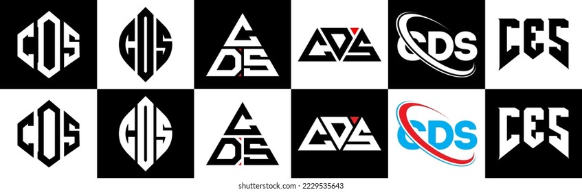CDS letter logo design in six style. CDS polygon, circle, triangle, hexagon, flat and simple style with black and white color variation letter logo set in one artboard. CDS minimalist and classic logo