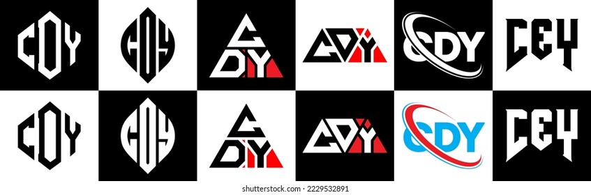 CDY letter logo design in six style. CDY polygon, circle, triangle, hexagon, flat and simple style with black and white color variation letter logo set in one artboard. CDY minimalist and classic logo