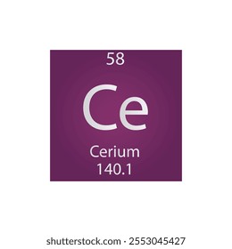 Ce Cerium Lanthanide Chemical Element Tabla Periódica. Ilustración vectorial cuadrada plana simple, icono de estilo limpio simple con masa molar y número atómico para laboratorio, ciencia o clase de química.