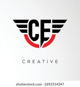 Logotipo de la letra de las alas creativas del CE con el escudo moderno - símbolo potente del negocio y de la marca	
