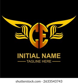 CE Golden Wing Emblem Logo with elegant gold wings, sleek and modern design. Ideal for branding, creative projects, luxury businesses, or artistic ventures.
