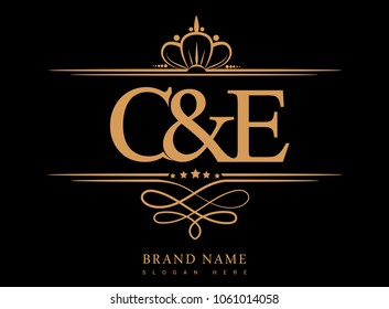 C&E Initial logo, Ampersand initial logo gold with crown and classic pattern