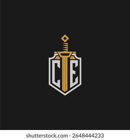 Monograma inicial CE para imagem de escudo e espada