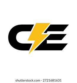 CE letter logo with a lightning bolt symbol in black and yellow colors. Modern electric power and energy icon representing speed, electricity, technology, and innovation. Ideal for branding, engineering, industrial, startup, and technology-related businesses.