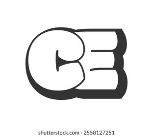 CE logo, bubble comic lettering, rounded in graffiti style black and white silhouette. Trendy preschool C and E letter text for festival party, personal initials, children funky print and web. 