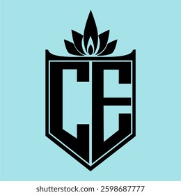CE Logo featuring a minimalist design with a crown-like flower symbol on top, bold black elements, and a soft blue background, perfect for branding and modern visual identity.