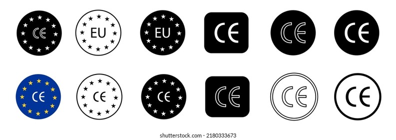 CE made labels. Product quality standard.  CE european symbols.  EU Union conformity logo. Safety certified pictograms and stamps with official Euro flag for packaging. European certificate in vector