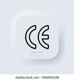 CE mark. CE symbol. European Conformity certification mark. Neumorphic UI UX white user interface web button. Neumorphism. Vector EPS 10.