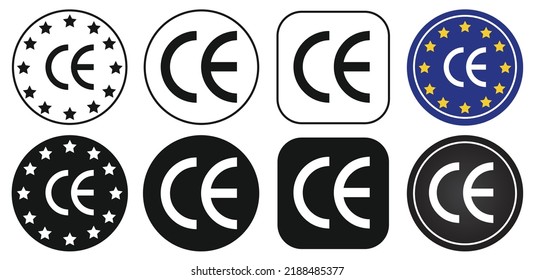 CE mark. CE symbol isolated on white background. European Conformity certification mark icons set. Black Flat, outlined, circle round square. Vector Illustration.