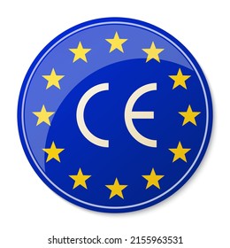 CE mark symbol. Vector illustration of glossy button. European conformity certification mark.