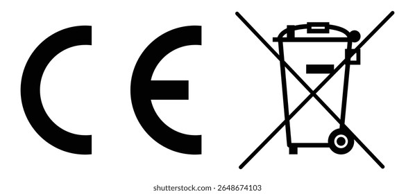Marcação CE e ícones com rodas riscados. Utilizado em eletrônica para cumprimento e reciclagem de normas na UE. Limpar símbolos vetoriais pretos para empacotamento, rótulos e ícones normativos de des., vetor.