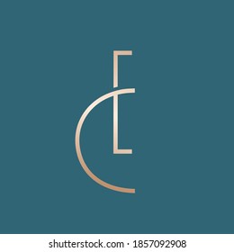 CE monogram logo.Abstract geometric typographic icon.Golden letter c and letter e.Lettering sign isolated on teal background.Uppercase alphabet initials.Modern, clean, beauty style character shapes.