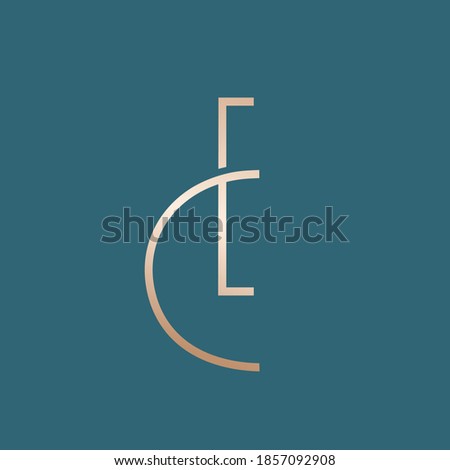 CE monogram logo.Abstract geometric typographic icon.Golden letter c and letter e.Lettering sign isolated on teal background.Uppercase alphabet initials.Modern, clean, beauty style character shapes.