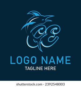 CE shark logo design vector. Cartoon shark mascot on navy background. 
Shark esport mascot logo design. Editable letter shark logo design for company