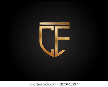 CE shield shape Letter Design in gold color