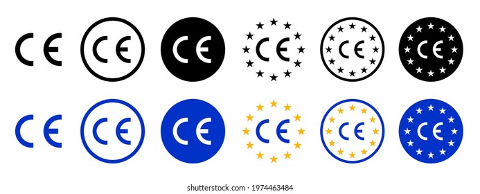 CE standard mark set logo icons for product packaging. Quality assurance of the Europe. For products sold within the European Economic Area - EEA. Europe Union stars. CE marking European Conformity.