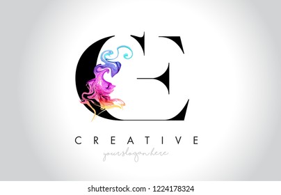 CE Vibrant Creative Leter Logo Design with Colorful Smoke Ink Flowing Vector Illustration.
