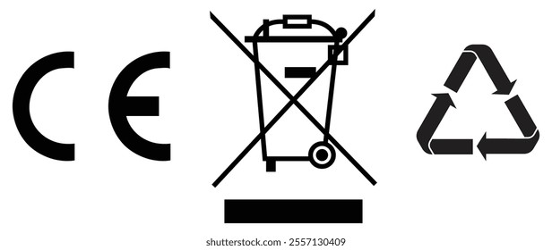 CE, WEE, recycle logo for industrial standard certificate logo. Environmental protection. Industrial certificate standard safety logo.  