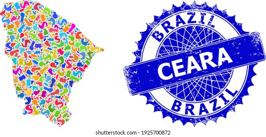 Ceara state map template. Blot mosaic map and corroded stamp seal for Ceara state. Sharp rosette blue stamp seal with tag for Ceara state map.