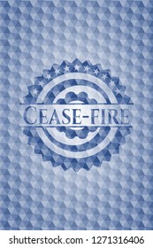 Cease-fire blue emblem or badge with abstract geometric polygonal pattern background.
