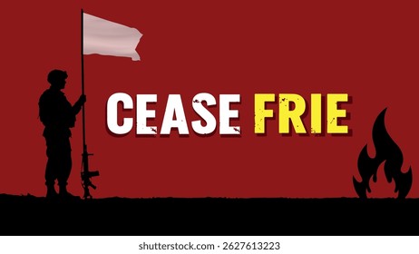 Ceasefire Poster , Red Background Ceasefire Poster with Soldier, White Flag , and Flame Silhouette