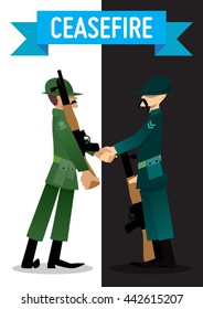 Ceasefire, Two soldier shake hand between black and white background. World crisis concept illustration.