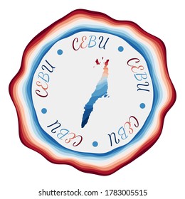 Cebu badge. Map of the island with beautiful geometric waves and vibrant red and blue frame. Vivid round Cebu logo. Vector illustration.